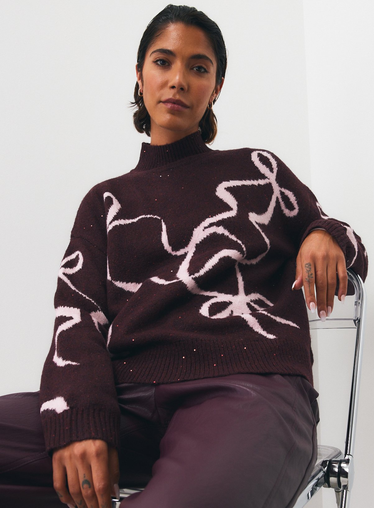 Dark Purple Sparkle Bow Jumper L - Image 1 thumbnail